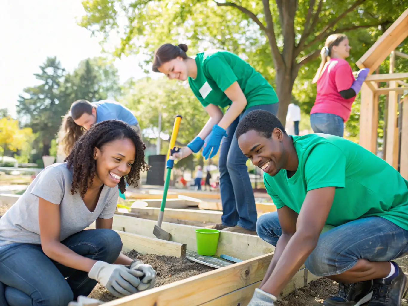 A group of volunteers and community members working together on a school renovation project, symbolizing the Hope in Action Campaign. The image should highlight the collaborative effort and positive impact on the children's learning environment.
