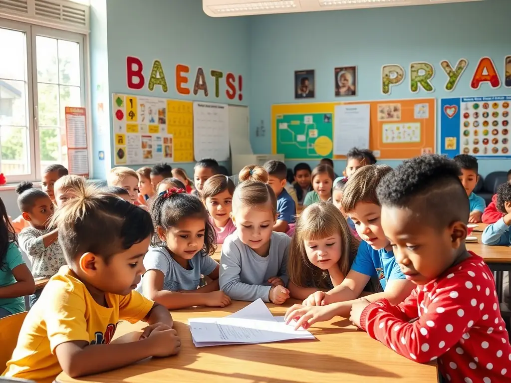 A vibrant classroom scene with children actively participating in a lesson, showcasing the Bright Futures Initiative program in action. The image should convey a sense of engagement and enthusiasm for learning.