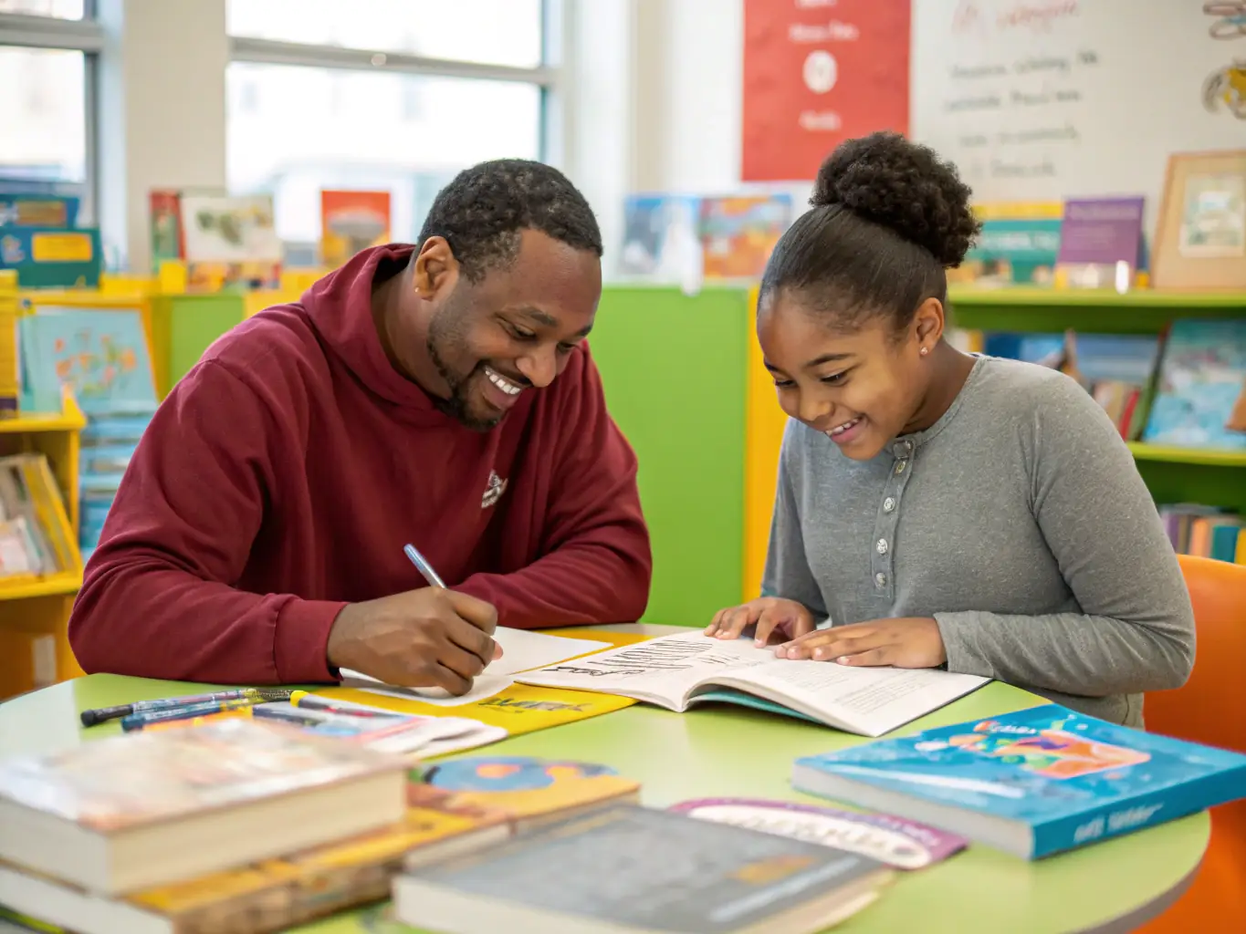 A child receiving school supplies and a supportive smile from a tutor, representing the Educational Support Programs. The image should convey the personalized care and resources provided to each child.